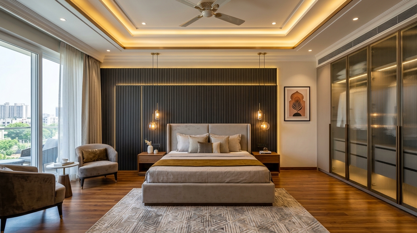 Turnkey master bedroom makeover with fluted louvers, false ceiling, and SPC flooring