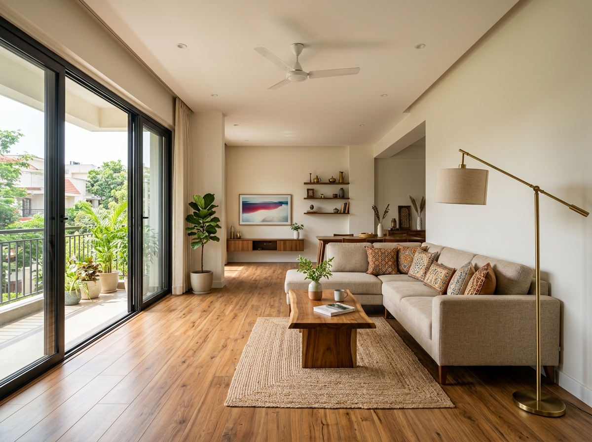 Modern Indian living room with waterproof teak woodgrain SPC click-lock flooring