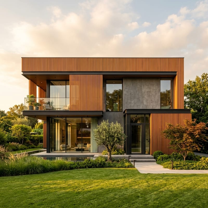 Modern residential balcony and outdoor terrace with exterior WPC louvers and stone facade cladding